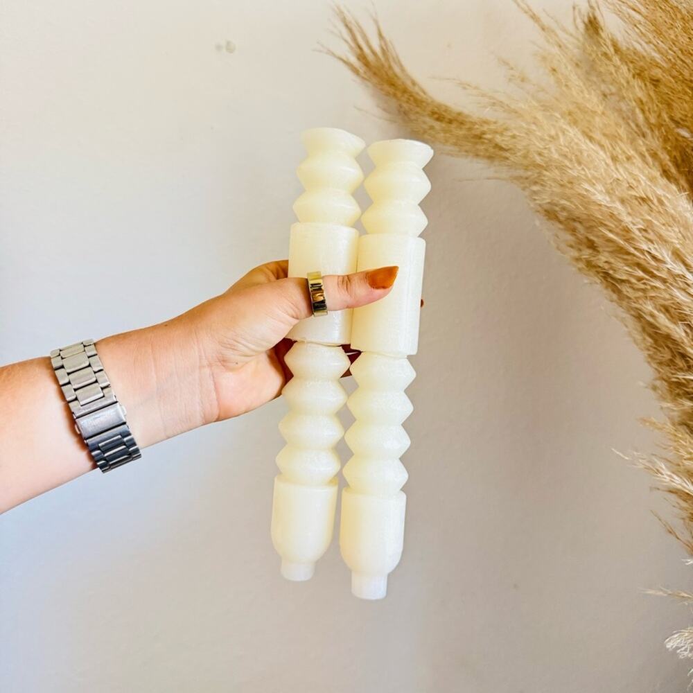 NEW ANTHROPOLOGIE Creamy White 10” Boho Paraffin Wax Taper Candle Sticks S/2